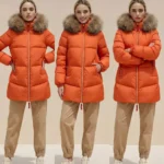Modelo con abrigo acolchado naranja Alaska de Dichi con cuello de pelo