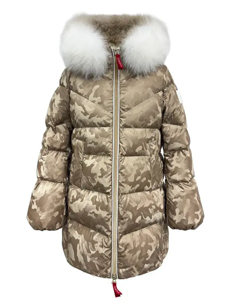 Abrigo acolchado camuflaje beige Limbad de Dichi con cuello de pelo